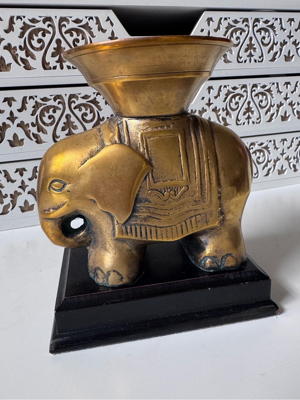 Vintage Solid Brass Elephant Candle Holder on wood stand,🦋